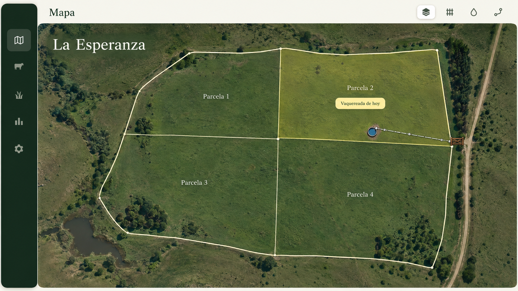 Ejemplo del mapa de Querencia con cuatro parcelas, bebedero, portón, hilo eléctrico y vaquereada